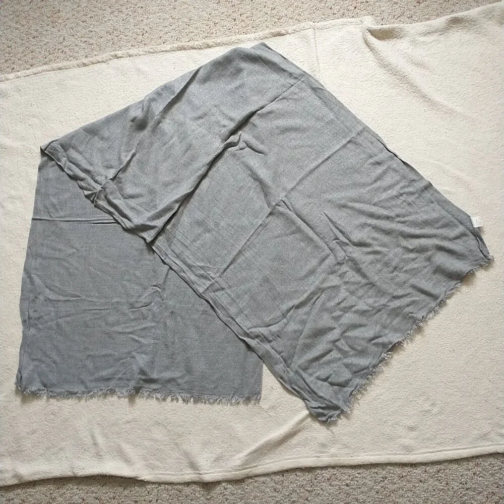 Large Scarf 100% Mulberry Silk Gray Eyelash Fringes Knit Thick Rectangle 23x64